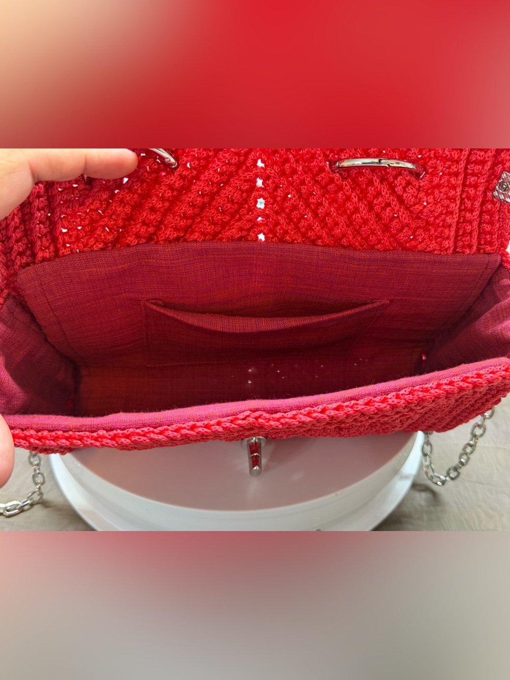 Handcrafted Red Crochet Top-Handle Bag with Scarf Accent - Picture 8 of 8